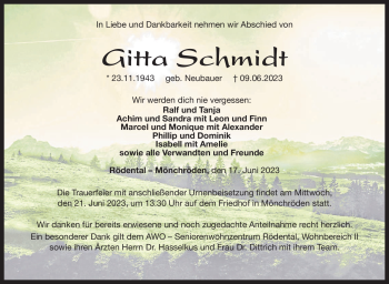 Traueranzeige von Gitta Schmidt von Neue Presse Coburg