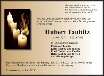 Traueranzeige von Hubert Taubitz von Südthüringer Presse