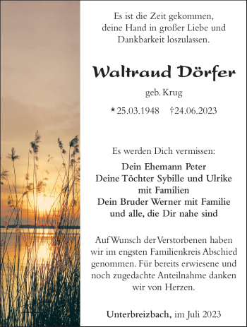 Traueranzeige von Waltraud Dörfler von Südthüringer Presse