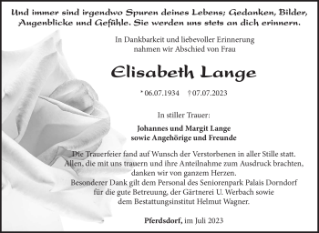 Traueranzeige von Elisabeth Lange von Südthüringer Presse