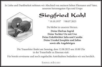 Traueranzeige von Siegfried Kahl von Südthüringer Presse