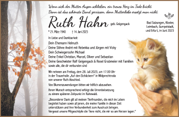 Traueranzeige von Ruth Hahn von Südthüringer Presse