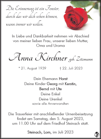 Traueranzeige von Anna Kirchner von Südthüringer Presse