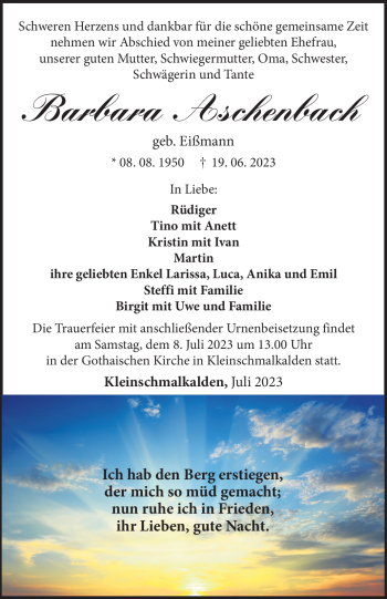 Traueranzeige von Barbara Aschenbach von Südthüringer Presse