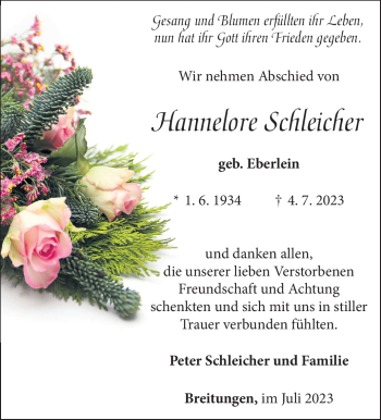 Traueranzeige von Hannelore Schleicher von Südthüringer Presse