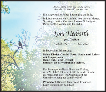 Traueranzeige von Loni Herbarth von Südthüringer Presse