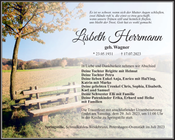 Traueranzeige von Lisbeth Herrmann von Südthüringer Presse