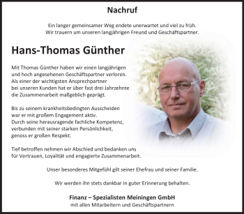 Traueranzeige von Hans-Thomas Günther von Südthüringer Presse