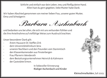Traueranzeige von Barbara Aschenbach von Südthüringer Presse