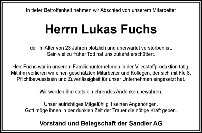  Traueranzeige für Lukas Fuchs vom 01.07.2023 aus Frankenpost