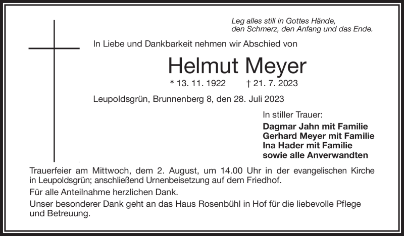  Traueranzeige für Helmut Meyer vom 28.07.2023 aus Frankenpost
