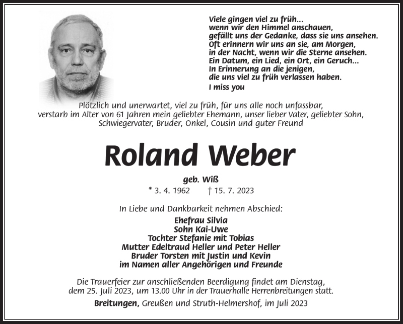  Traueranzeige für Roland Weber vom 22.07.2023 aus Südthüringer Presse
