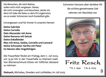 Traueranzeige von Fritz Resch von Südthüringer Presse