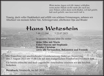 Traueranzeige von Hans Wetzstein von Südthüringer Presse