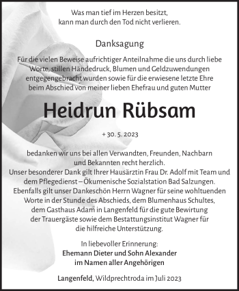 Traueranzeige von Heidrun Rübsam von Südthüringer Presse