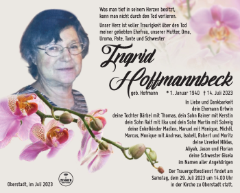 Traueranzeige von Ingrid Hoffmannbeck von Südthüringer Presse