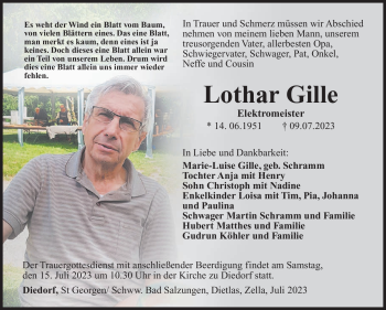 Traueranzeige von Lothar Gille von Südthüringer Presse