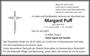 Traueranzeige von Margard Puff von Frankenpost
