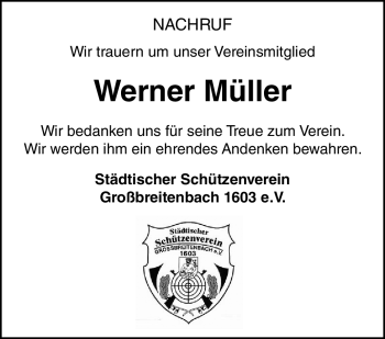 Traueranzeige von Werner Müller von Südthüringer Presse