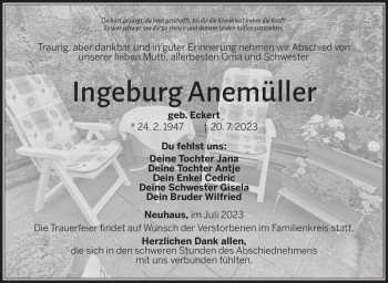 Traueranzeige von Ingeburg Anemüller von Südthüringer Presse