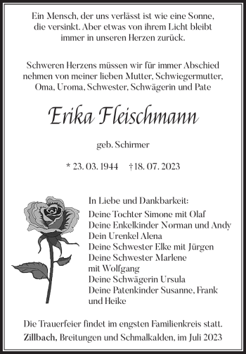 Traueranzeige von Erika Fleischmann von Südthüringer Presse