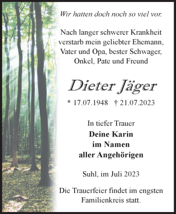 Traueranzeige von Dieter Jäger von Südthüringer Presse