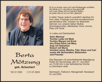 Traueranzeige von Berta Mötzung von Südthüringer Presse