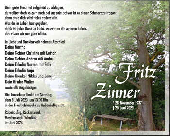 Traueranzeige von Fritz Zinner von Südthüringer Presse