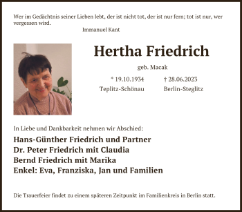 Traueranzeige von Hetha Friedrich von Südthüringer Presse