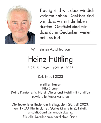 Traueranzeige von Heinz Hüttling von Frankenpost