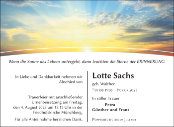 Traueranzeige von Lotte Sachs von Frankenpost