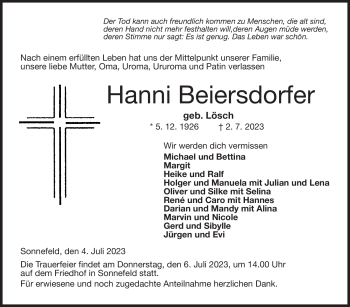 Traueranzeige von Hanni Beiersdorfer von Neue Presse Coburg