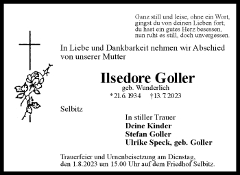 Traueranzeige von Ilsedore Goller von Frankenpost