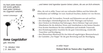 Traueranzeige von Ilona Gagstädter von Südthüringer Presse