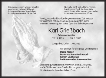 Traueranzeige von Karl Grießbach von Frankenpost