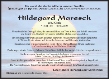 Traueranzeige von Hildegard Maresch von Südthüringer Presse