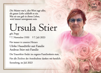 Traueranzeige von Ursula Stier von Südthüringer Presse