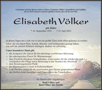 Traueranzeige von Elisabeth Völker von Südthüringer Presse