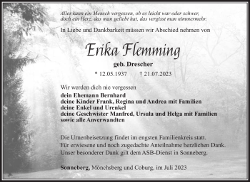 Traueranzeige von Erika Flemming von Südthüringer Presse