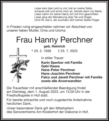 Traueranzeige von Hanny Perchner von Frankenpost