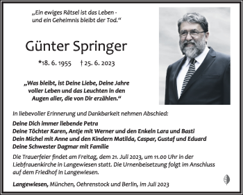 Traueranzeige von Günter Springer von Südthüringer Presse