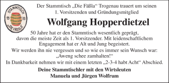 Traueranzeige von Wolfgang Hopperdietzel von Frankenpost