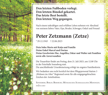 Traueranzeige von Peter Zetzmann von Südthüringer Presse