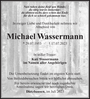 Traueranzeige von Michael Wassermann von Südthüringer Presse