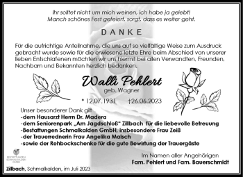 Traueranzeige von Walli Pehlert von Südthüringer Presse