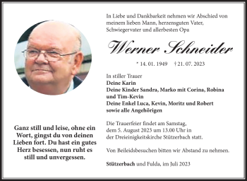 Traueranzeige von Werner Schneider von Südthüringer Presse