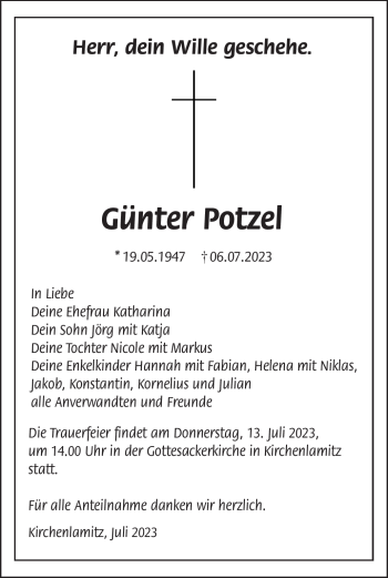 Traueranzeige von Günter Potzel von Frankenpost