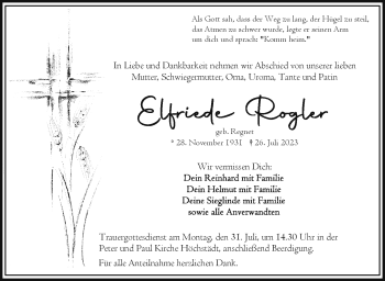 Traueranzeige von Elfriede Rogler von Frankenpost