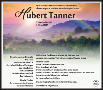 Traueranzeige von Hubert Tanner von Südthüringer Presse