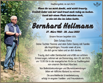 Traueranzeige von Bernhard Hellmann von Südthüringer Presse